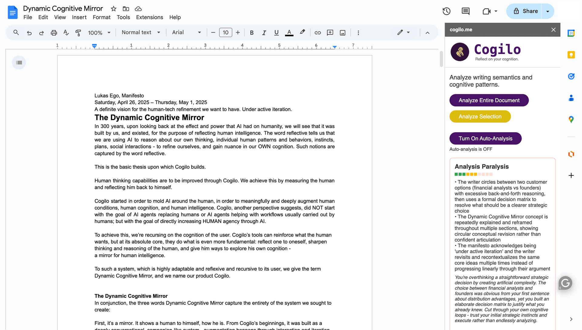Cogilo screenshot of analysis paralysis feature